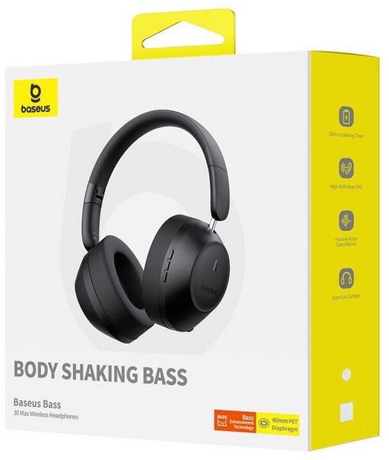 Baseus Bass 30 Max bluetooth koptelefoon,Hoofdtelefoon draadloos -Over-ear Koptelefoon-50 uur accuduur, Bluetooth 5.3 Zwart