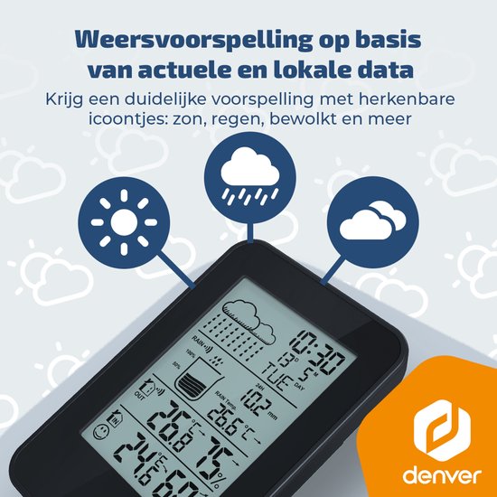 Denver Weerstation - Binnen & Buiten - Hygrometer - Regenmeter - Temperatuur - Weersvoorspelling - Radiogestuurd - Draadloze buitensensor - WSR560
