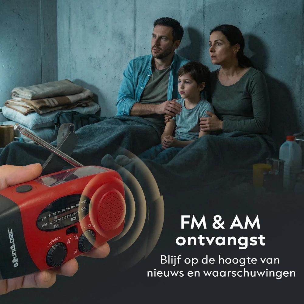Soundlogic solar opwindbare noodradio - Powerbank 2000 mAh, zaklamp en SOS - Rood - 13 × 4,7 × 6,6 cm