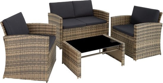 tectake® - Wicker zitgroep tuinset loungeset Lucca - bank/2 stoelen/tafel met glasplaat - natuurkleur - 404916 - poly-rattan