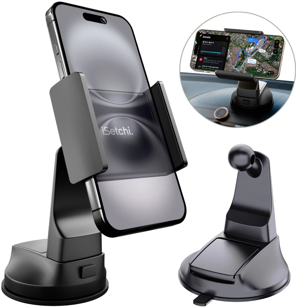 iSetchi FlexHold Pro Telefoonhouder Auto - Zwart - Zuignap voor Raam & Dashboard - 360° Draaibaar - Universeel - 5 x 7 x 8 cm