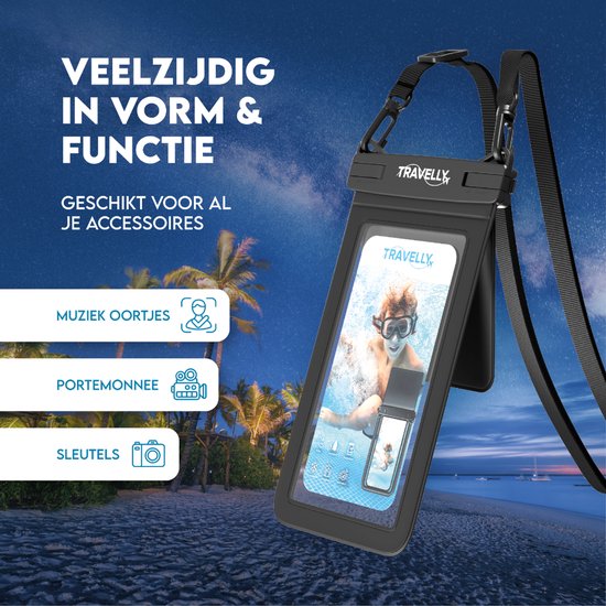 Travelly® Waterdicht Telefoonhoesje Met Extra Opberg Vakje – Universeel Onderwater Hoesje voor Smartphone – Geschikt voor alle telefoons – Drybag – Voor Vakantie, Zwemmen & Watersport – Zwart
