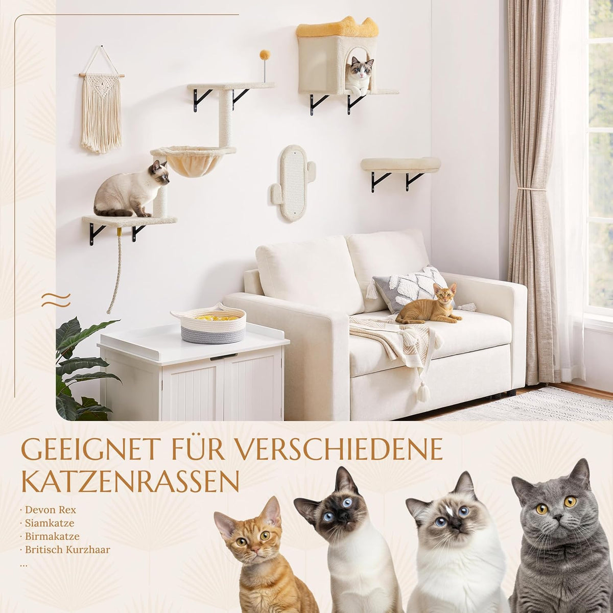 Yaheetech Klimwand Voor Katten - 4-Delig - Met Krabgedeelte En Mandje - Beige