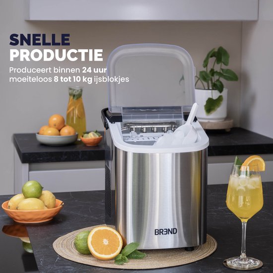 BREND BR-2213 IJsblokjesmachine met Schep en Lekbak - Grote L of Kleine S Ijsklontjes - Draagbare IJsblokjesmaker – 10 kg in 24 uur - Zilver