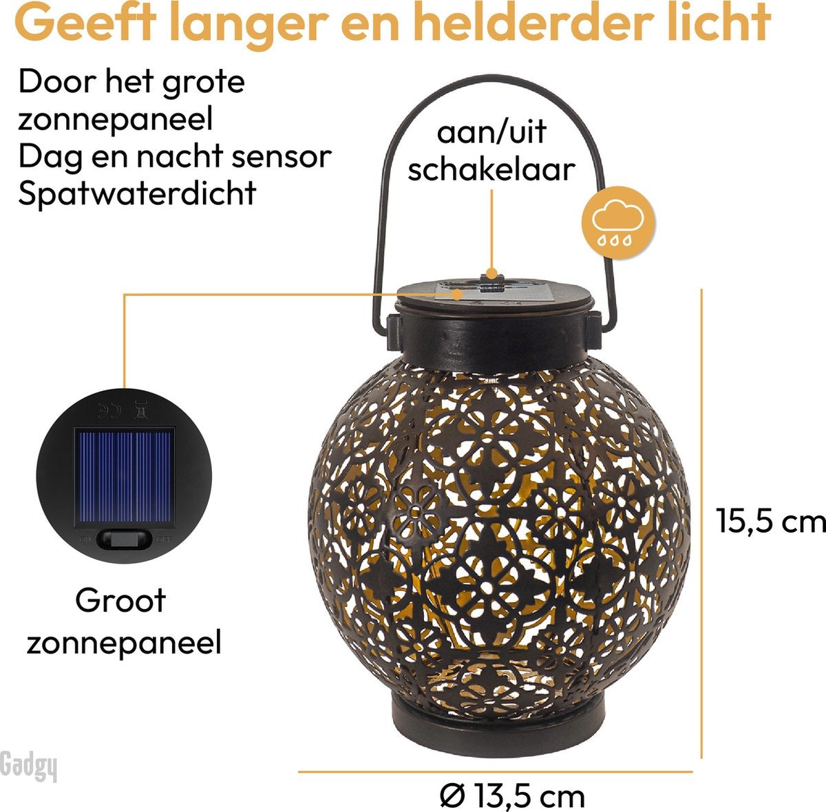 Gadgy Solar Lantaarn Rond - Tafellamp Set van 2 - Solar Tuinverlichting op Zonneenergie - Led Buitenverlichting met dag/nacht Sensor - Hanglamp - Tuinlantaarn Metaal - 15.5xØ13.5CM - Zwart
