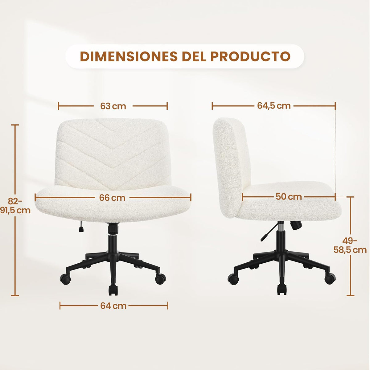 Yaheetech Bureaustoel met Wielen en Brede Zitting 66 × 65 × 92 cm Ivoorwit