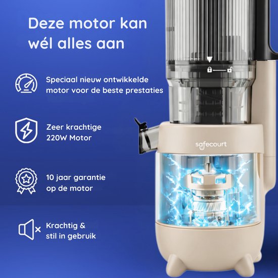 Safecourt Kitchen Slow Juicer - krachtige motor [Pre-cutter & Cold-press technologie] - eenvoudige reiniging - BPA-vrij - sapcentrifuge Beige