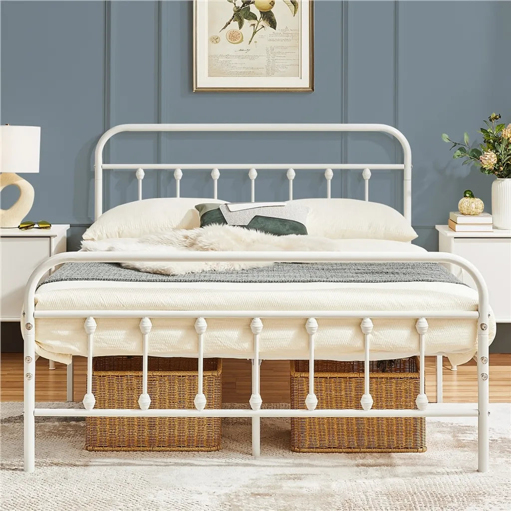 Yaheetech Metalen Bedframe 140 x 200 cm - Wit - Tweepersoonsbed met Lattenbodem en Hoog Hoofdbord