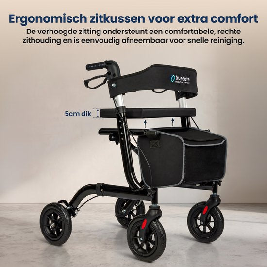 TrueSafe Rollator lichtgewicht en opvouwbaar (6,9 kg) - Voor binnen en buiten - Incl. ergonomisch zitkussen, verlichting, rugleuning, wandelstokhouder en meer - Zwart