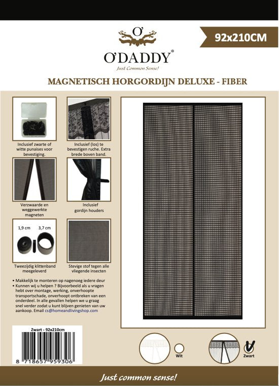 O'DADDY Deurgordijn Deluxe FIBER - Magnetisch Vliegengordijn - Voor Nieuwbouw en Standaard Deuren - Eenvoudige Installatie - Zwarte Hor - 92x210 cm