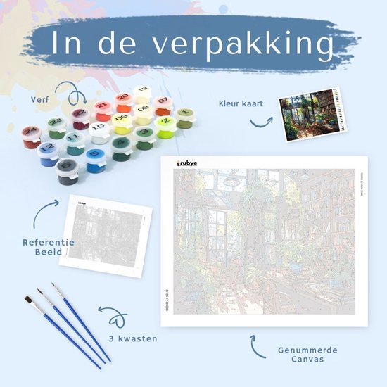 Rubye® Schilderen Op Nummer Volwassenen – Boekenkast – Inclusief Penselen – Canvas Schildersdoek – Kleuren op Nummer – 50x40cm