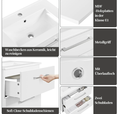 Yaheetech Badkamermeubel met Wastafel - Wit Hoogglans - 61 x 39,5 x 45,5 cm - Wandmontage, 4 Lades, Keramische Wasbak