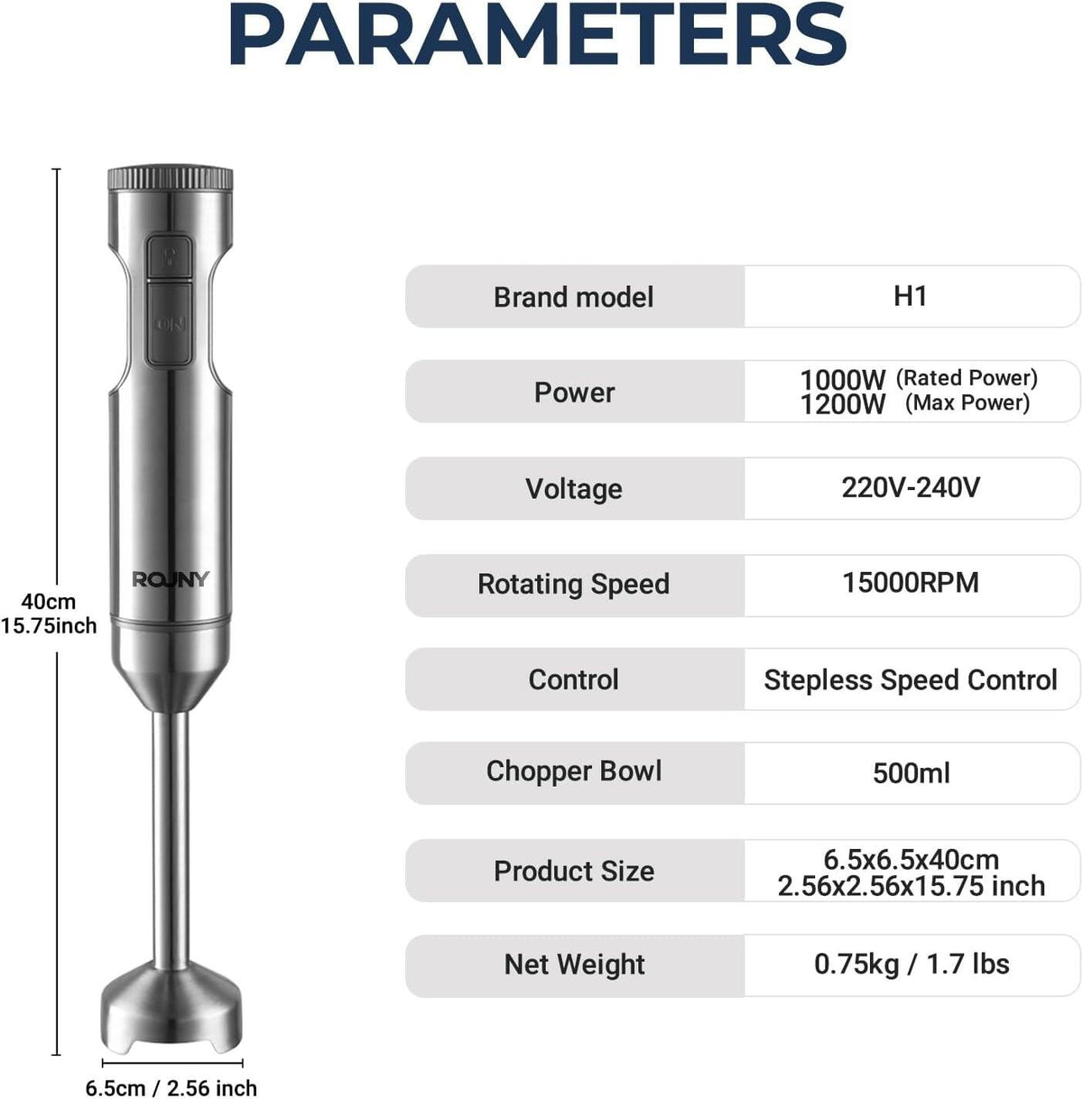 Rouny Staafmixer 4-in-1 PHB8001 - 1200 W - Met Maatbeker 700 ml, Garde & Hakmolen 500 ml - RVS - Veiligheidsslot