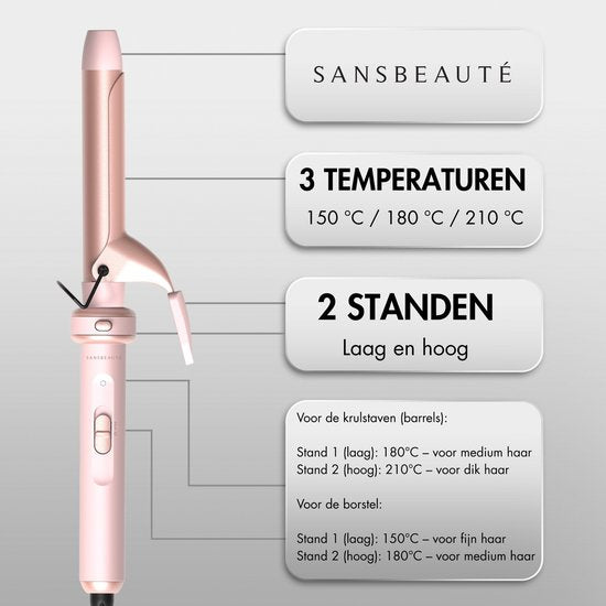 Sansbeauté® 6 in 1 Krultang met Klem - Keramische Haarkruller - 13mm tot 38mm - Föhnborstel Kort Haar - Warmteborstel - Krultangen - Thermal Brush - Haarstyler - Krulborstel 5 in 1