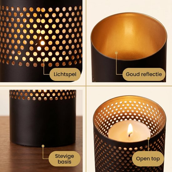 Lomera Theelichthouder Set van 3 - Waxinelichthouder Zwart Met Goud - Metalen Windlicht - Kaarsenhouder voor Woonkamer - Sfeerlicht voor Tafeldecoratie - Geperforeerd Metaal voor Sfeervolle Kaarsen Decoratie
