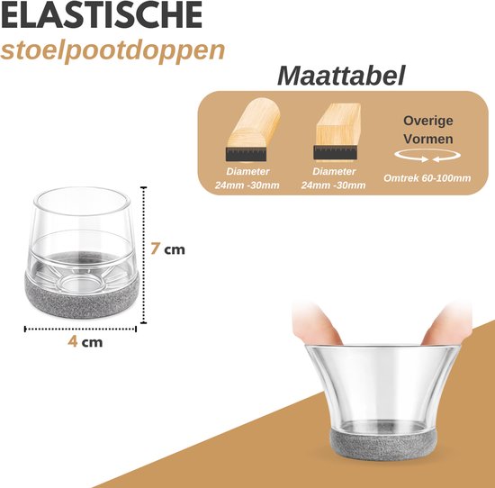 Vaive Stoelpoot Beschermers Rond met Vilt – 24 Stuks – Stoelpootdoppen Ø24-30 mm – Vloerbescherming voor Stoelen - Grijs