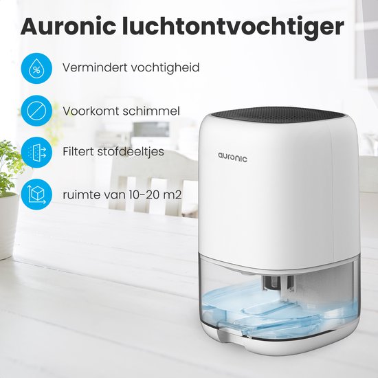 Auronic Luchtontvochtiger - Ontvochtigt 450ml Per Dag in Huis - 1L Waterreservoir - LED - Vochtvreter voor in Woonkamer, Slaapkamer & Badkamer - Dehumidifier - Wit