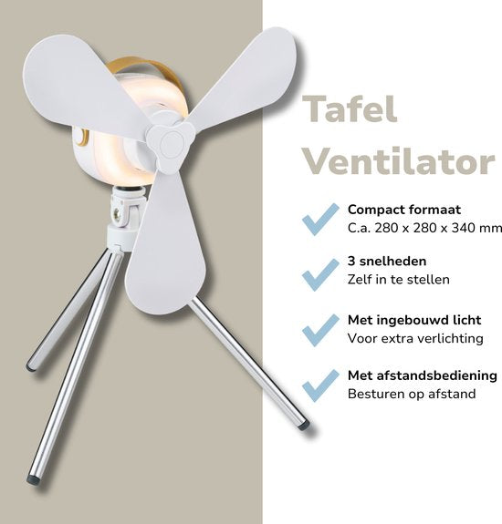 Lifetime Air Tafelventilator - Ventilator USB-C Oplaadbaar - Statief Ventilator met Nachtlampje en Afstandsbediening - Ventilator met Afstandsbediening en 3 Snelheden - Wit