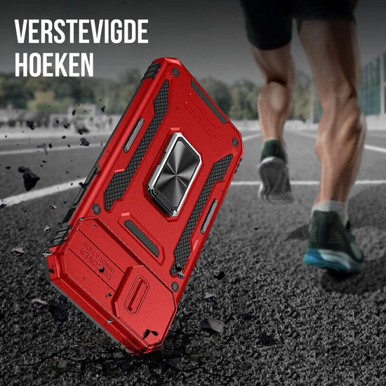 Podec Hoesje geschikt voor iPhone 14 Rood Telefoonhoesje - Anti-Shock Case Cover Hybrid Armor Hoes met Kickstand Ring met Screenprotector