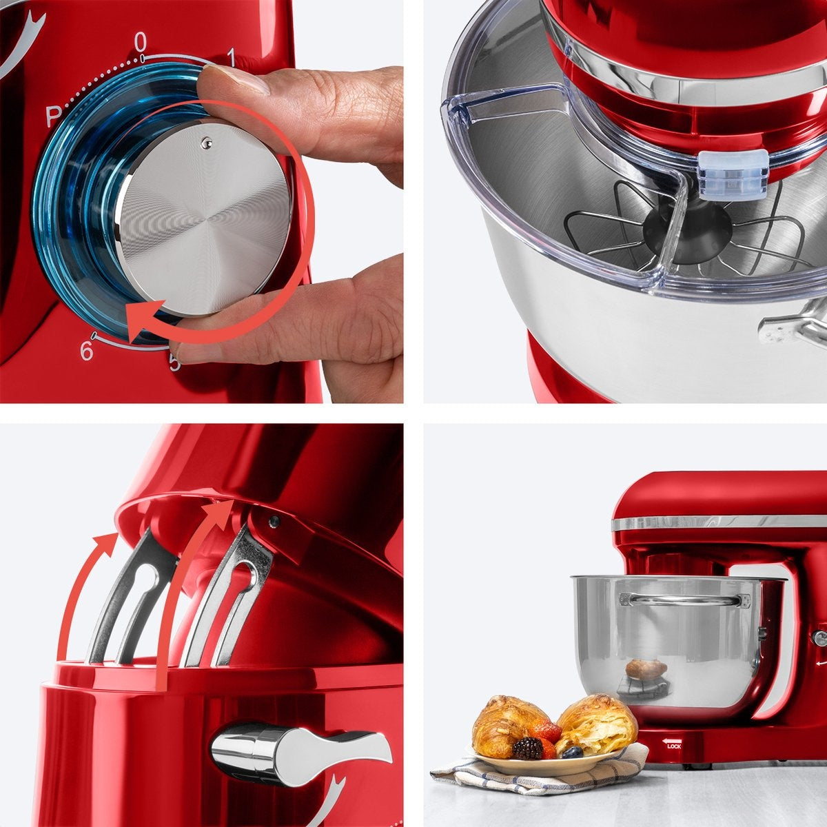 KitchenBrothers Keukenmachine - Keukenmixer - 6L Mengkom - 1400W - Rood