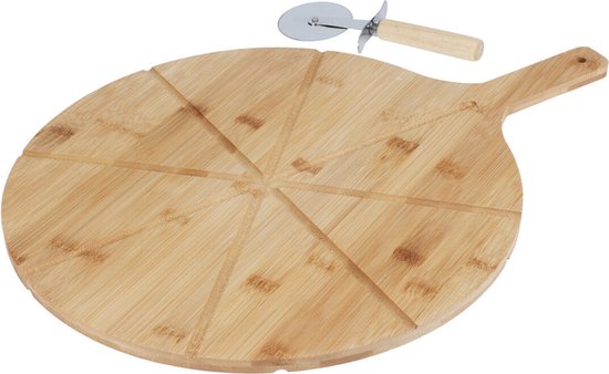 Excellent Houseware Pizza serveerplank met pizzasnijder - bamboe - 38 cm - dubbelzijdig - pizzabord