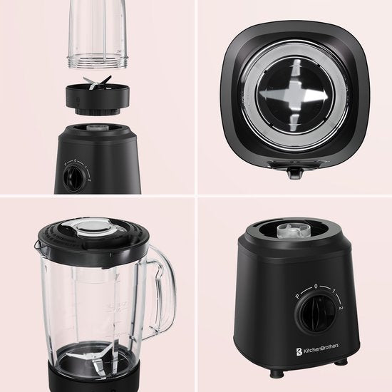 KitchenBrothers Blender - Complete Set - 2x 750ml Kan - Grinder - Stamper - To-Go Bekers - Zwart