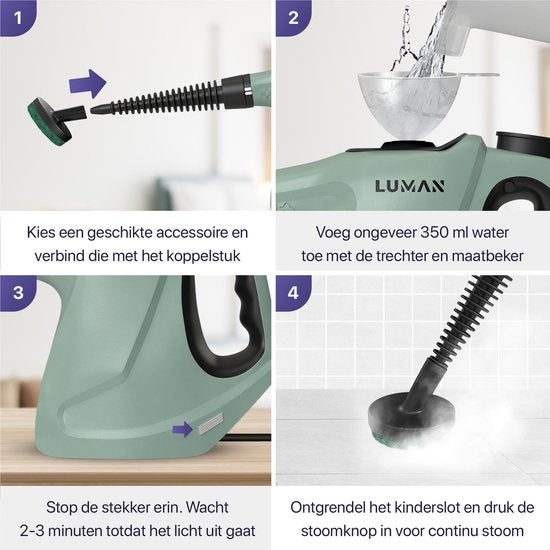 LUMAN 16 in 1 Stoomreiniger C3 - Stoomvergrendelingsfunctie - Handstoomreiniger - Handstomer - Vlekkenreiniger - Tapijtreiniger - Incl. Opbergtas en 16 Opzetstukken - 1050 Watt - 450 ML - Groen