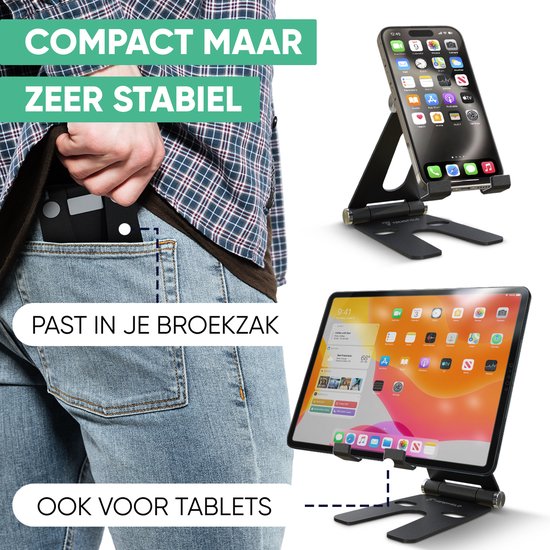 Serve Telefoon Standaard XL - Aluminium Houder voor Mobiel & Tablet - Telefoonhouder Bureau - Inklapbare Telefoonstandaard TTH105 - Zwart