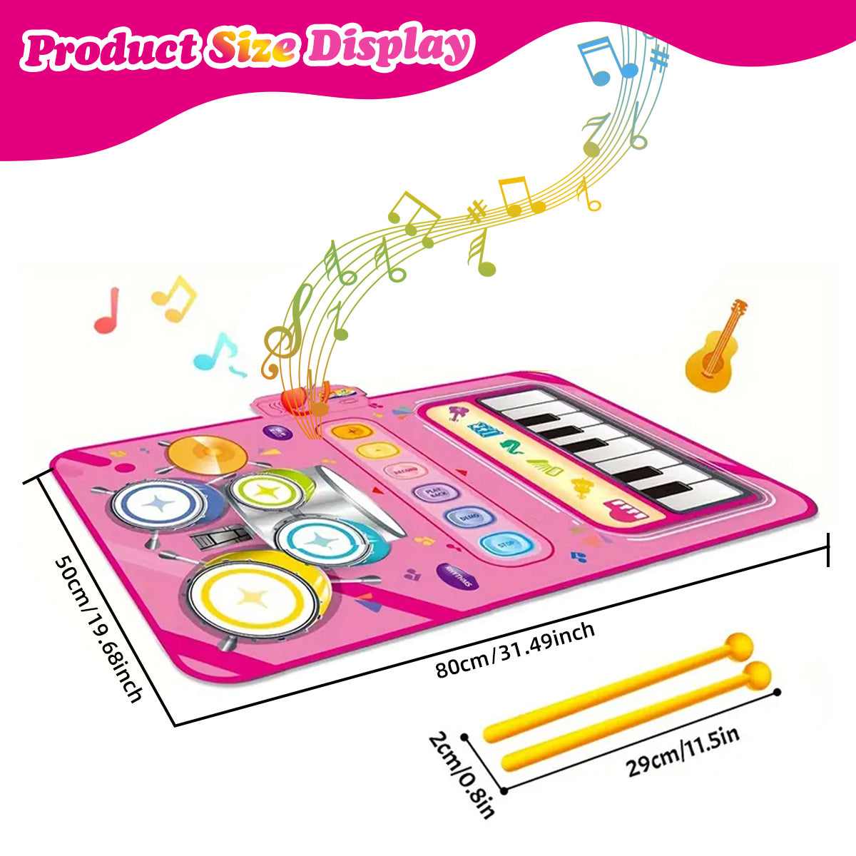 2-in-1 Muziekmat voor Kinderen – Piano & Drums – 33 Geluiden – 80 x 50 cm