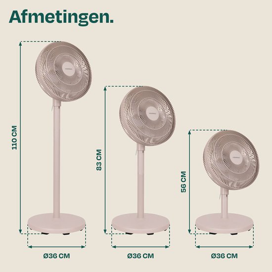 VONROC Vloerventilator - 3 snelheden – incl. afstandsbediening - timer - verstelbaar in 3 hoogtes - beige