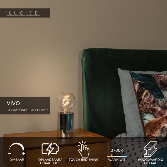 Lucide VIVO - Oplaadbare Tafellamp - Accu/Batterij - Ø 8 cm - LED Dimbaar - E27 - 1x1W 2700K - Chroom