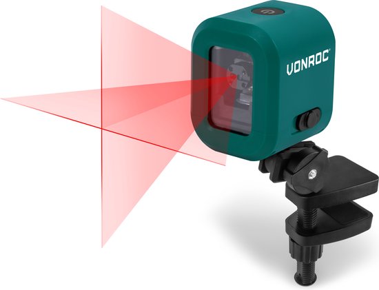 VONROC Kruislijnlaser– Rood – 4V accu – 1800mah - Zelfnivellerend – 10 meter bereik – Incl. bevestigingsbeugel, USB-C kabel & opbergtas