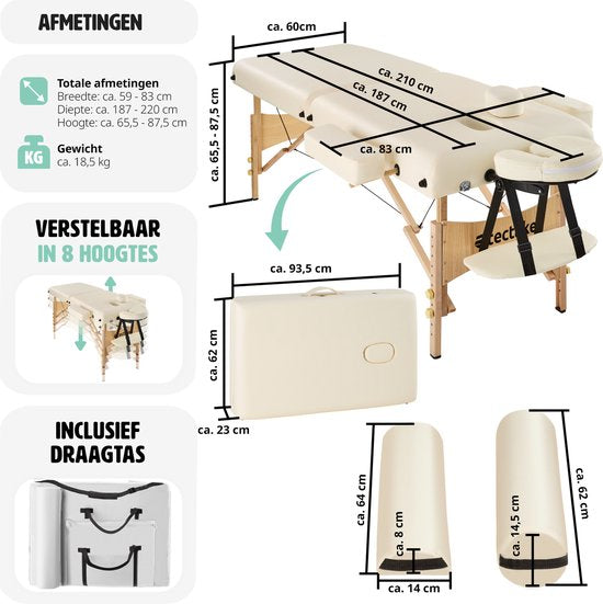 tectake® - Massagetafel Behandeltafel - matras van 7,5 cm hoog + rolkussens en draagtas - behandelbank – incl. opbergtas – opvouwbaar