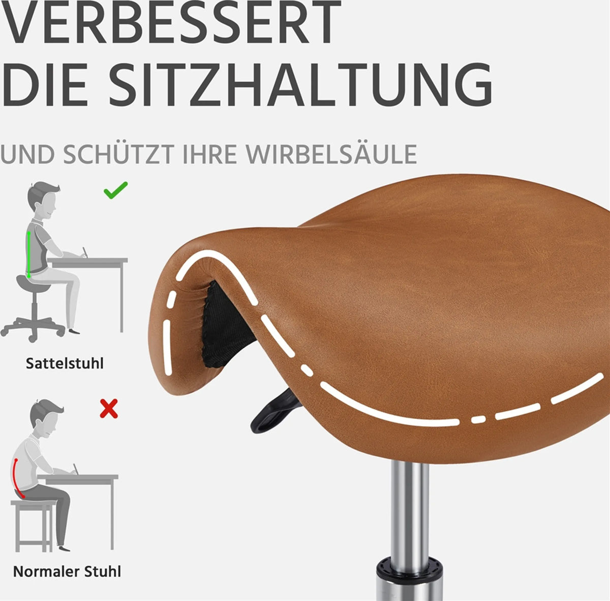 Yaheetech Zadelkruk Ergonomisch – Voorzien Van In Hoogte Verstelbare SGS-Gaslift En 360° Draaibare Nylon Wielen En Verchroomd Onderstel – Voor Kapsalon En Praktijk – Retro Bruin PU Kunstleer En Metaal – 50 x 50 x 45,5-60 cm