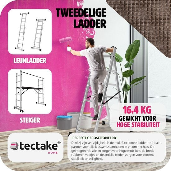 TecTake 3-in-1 Multifunctionele Ladder & Steiger - Verstelbaar – 150 kg Draagvermogen – Max. Hoogte 275 cm –Zilver