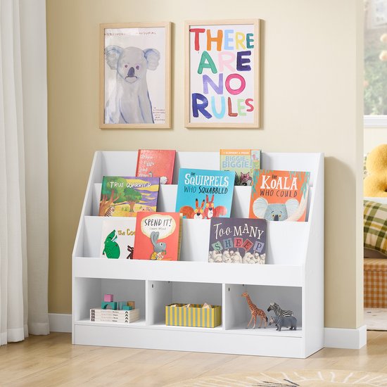 SoBuy Montessori KMB118-W Boekenkast voor kinderen, kinderrek met 3 opbergvakken en speelgoed opbergrek, kinderkamer, boekenrek en speelgoedrek, wit, 100 x 80 x 30 cm