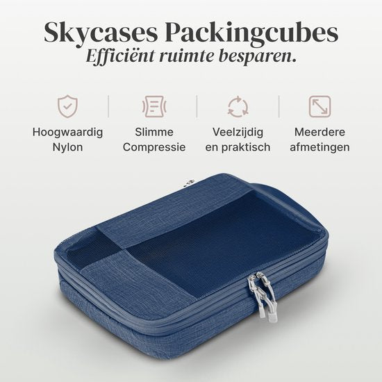 SC Travel Essentials Packing Cubes - 6-delige Set - Luxe Compressie Organizers van Hoogwaardig Nylon - Ruimtebesparend en Duurzaam - Ideaal voor Reizen - Donkerblauw