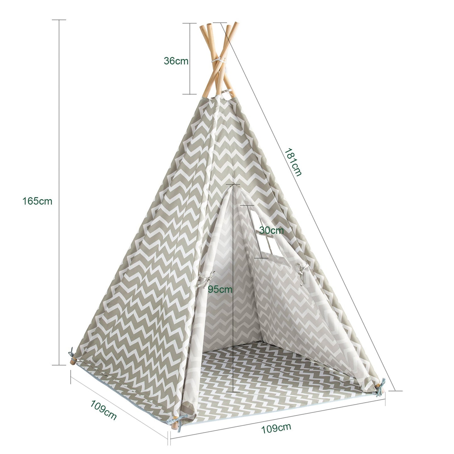 SoBuy OSS03 Tipi Tent Voor Kinderen 112 x 112 x 158 cm - Wit/ Grijs