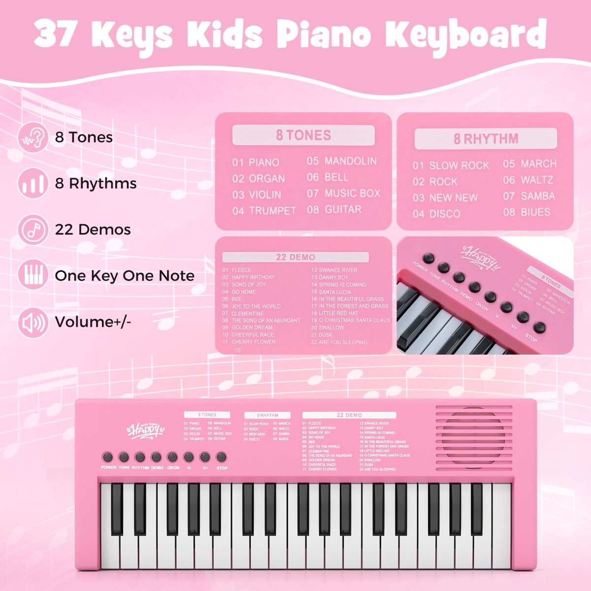Coast Kinderkeyboard - Elektronische piano met 37 toetsen - 8 ritmes - 8 klankkleuren - Zwart / Roze