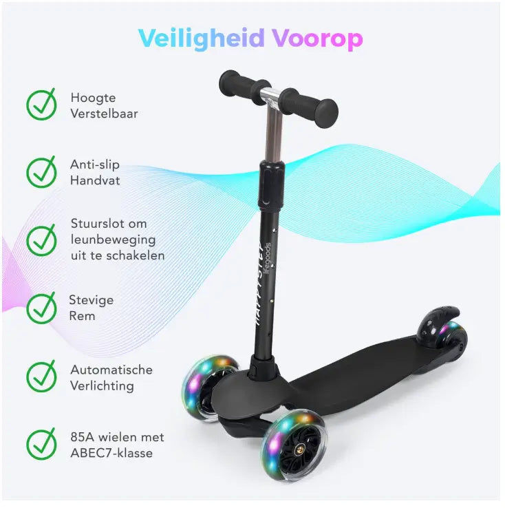 LifeGoods HappyStep - Kinderstep - Step 2-5 Jaar - 3 Lichtgevende Wielen - Zwart