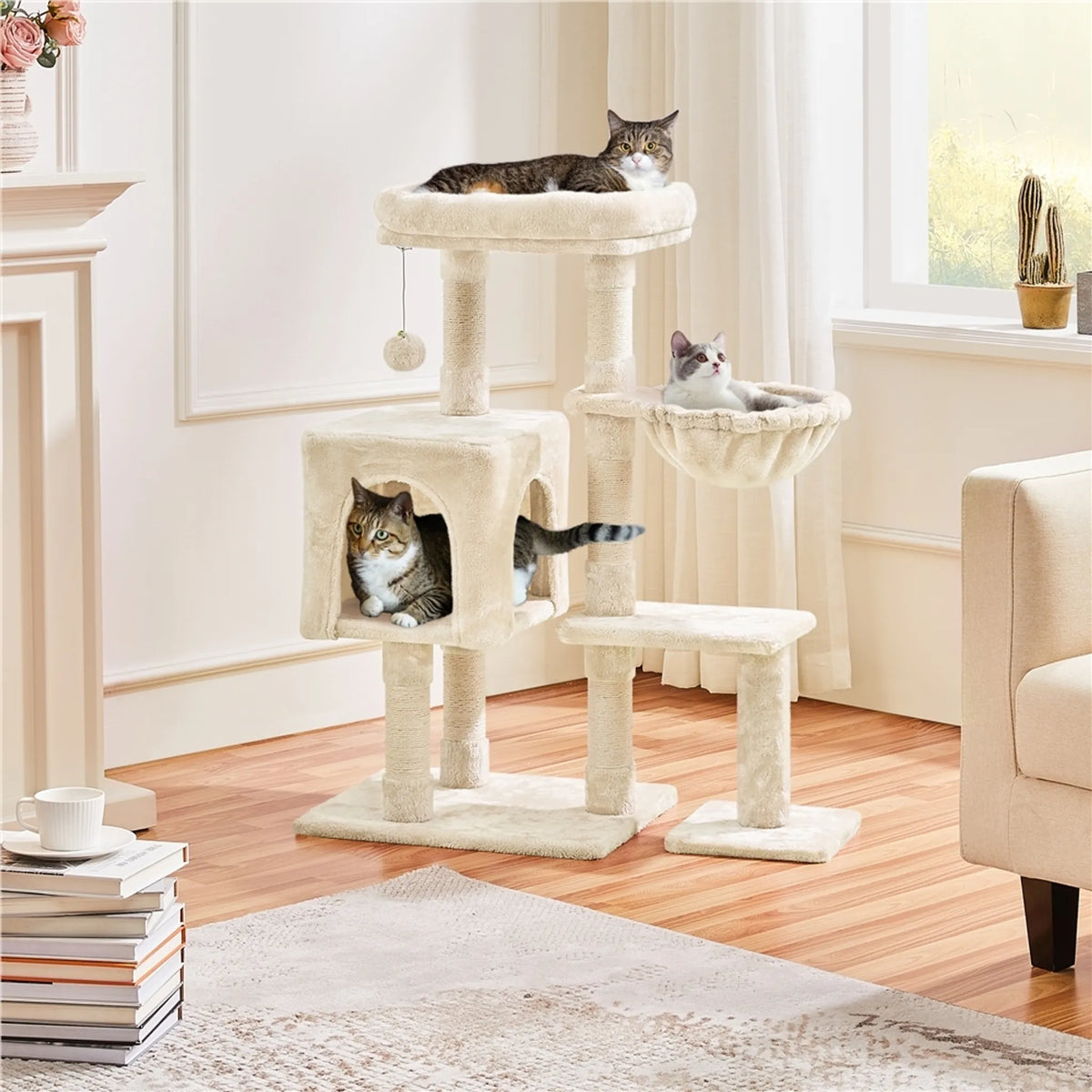 Yaheetech Krabpaal met Grot en Ligmuld - 96 cm hoog - 80,5 x 39,5 cm - Beige