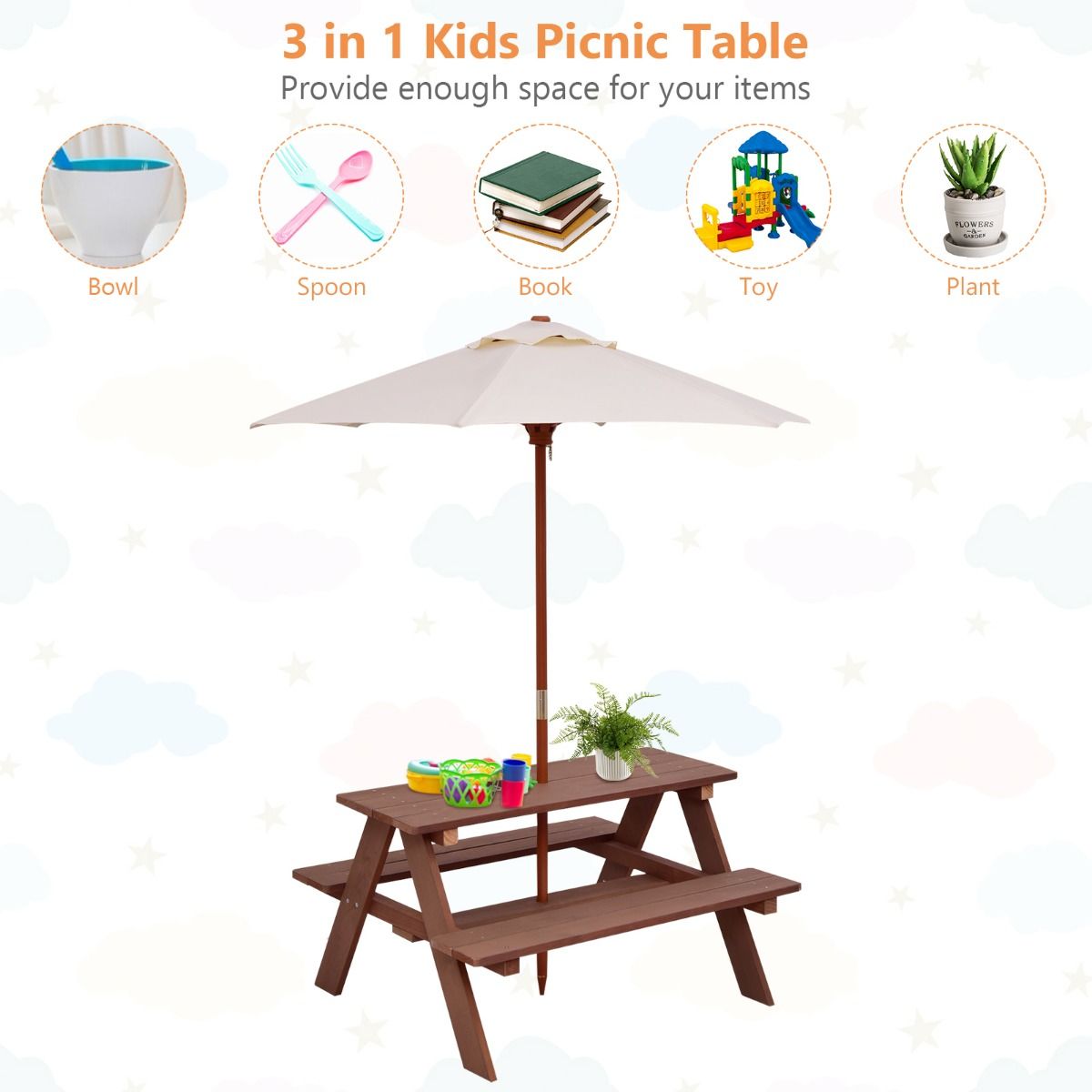Coast Kinderpicknicktafel - 3-in-1 buitentafel met afneembare paraplu - houten banken - walnootkleur