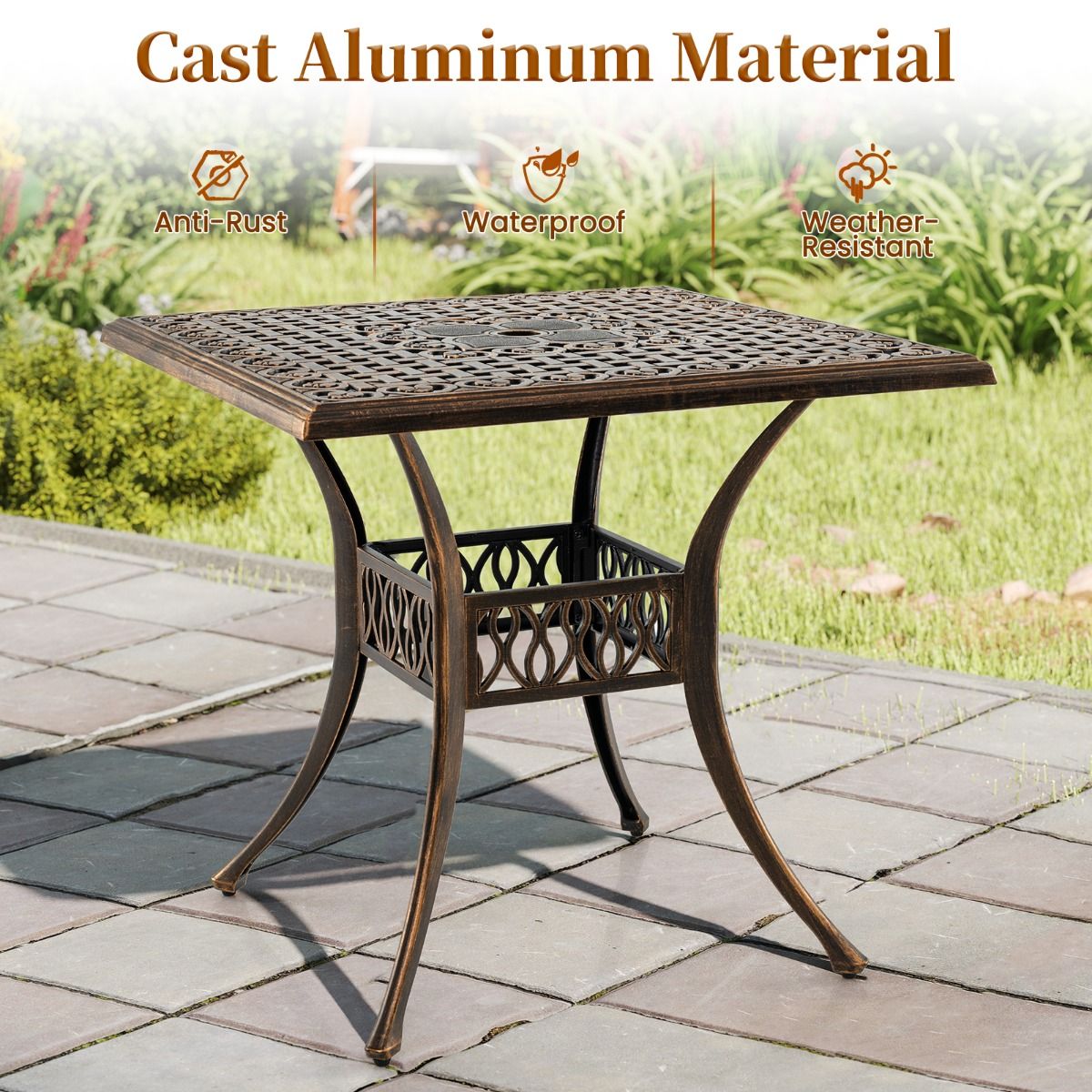 Coast Vierkante Terrastafel - Gegoten aluminium - Parasolgat 4,8 cm - Brons - 80 x 80 x 75 cm