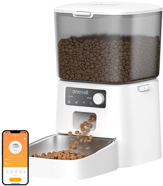 Oneisall Smart Voerbak PFD-001 Pro CW15010 - Met WiFi-verbinding - Automatische Voerbak - Draadloos - Wit - Voerautomaat dispenser - Kat en hond - Droogvoer - Nauwkeurige Portiecontrole - 3,5L Reservoir - Met App