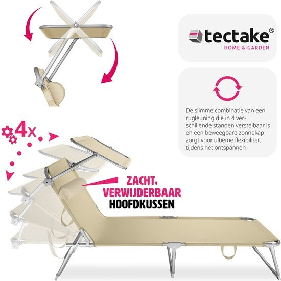 tectake® - ligstoel, robuust, verstelbaar, stalen onderstel met zonnescherm, 4-standen rugleuning inclusief hoofdkussen, strandstoel Ideaal voor tuin, zwembad, camping– beige - 68 x 190 x 28 cm