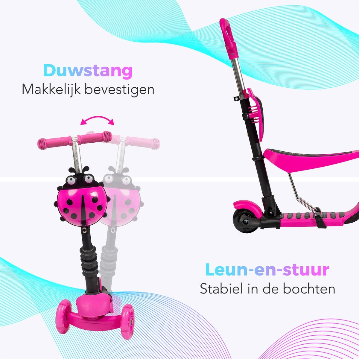 LifeGoods MultiRider - Kinderstep met Duwstang - 3 tot 8 Jaar - Jongens/Meisjes - 2 Lichtgevende Wielen - Roze