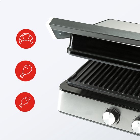 Bourgini Contact Grill PURE – PFAS-vrije 2-in-1 Sandwich- & Panini-Grill – Instelbare Temperatuur & Timer – Verwijderbare Grillplaten – Zilver