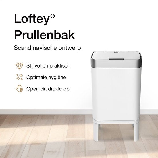 Loftey Prullenbak 60 Liter – Push/touch Afvalbak - Duo Afvalemmer met binnenbak - Vuilbak 2 Vakken - Afvalscheiding 2x30L - Keuken - Wit/RVS