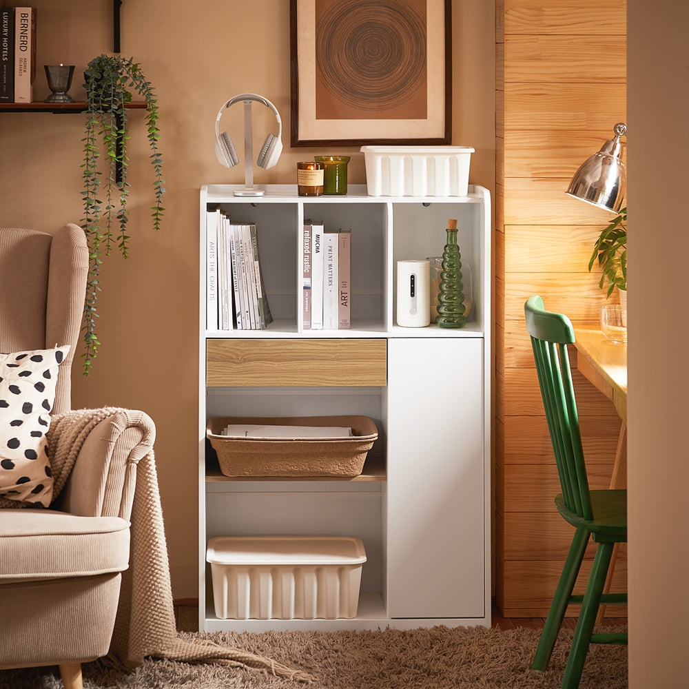 SoBuy STR11-WN compacte witte boekenkast met lade en opbergruimte, 72 x 30 x 110 cm