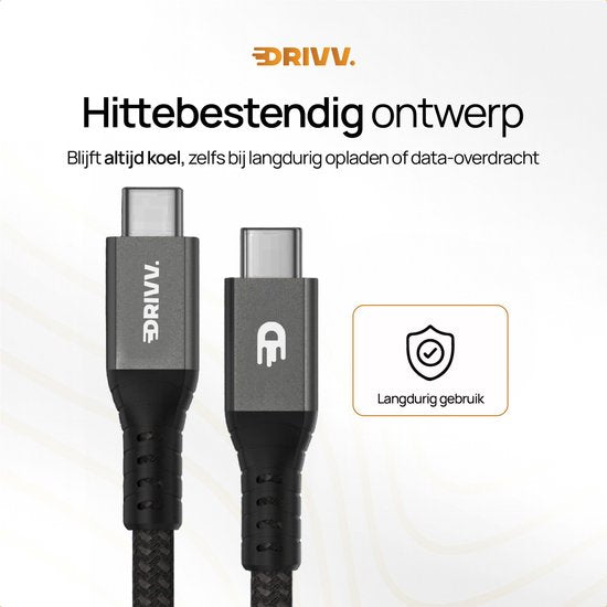 Drivv. USB C naar USB C Kabel 4.0 - Gen 3 - 240W Snellader - 8K 60Hz - 40Gbps - 3 Meter - Nylon - Zwart